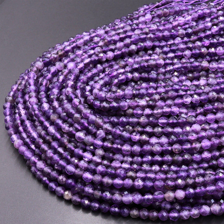 Faceted Natural Amethyst 2mm 4mm 5mm 6mm Round Beads 15.5" Strand