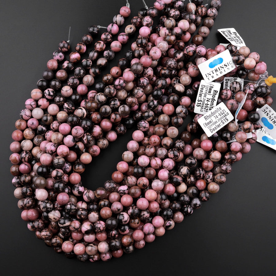 Natural Pink Rhodonite Beads 4mm 6mm 8mm 10mm Round Beads Earthy Pink Interesting Black Matrix Beads 15.5" Strand