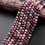 Natural Pink Rhodonite Beads 4mm 6mm 8mm 10mm Round Beads Earthy Pink Interesting Black Matrix Beads 15.5" Strand
