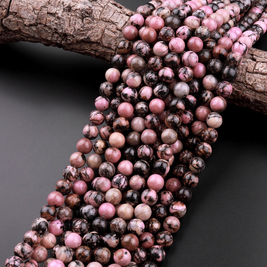 Natural Pink Rhodonite Beads 4mm 6mm 8mm 10mm Round Beads Earthy Pink Interesting Black Matrix Beads 15.5" Strand