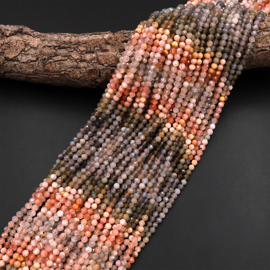 Micro Faceted Multicolor Mixed Gemstone Round Beads 4mm Sunstone Labradorite 15.5" Strand