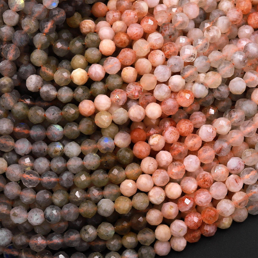 Micro Faceted Multicolor Mixed Gemstone Round Beads 4mm Sunstone Labradorite 15.5" Strand