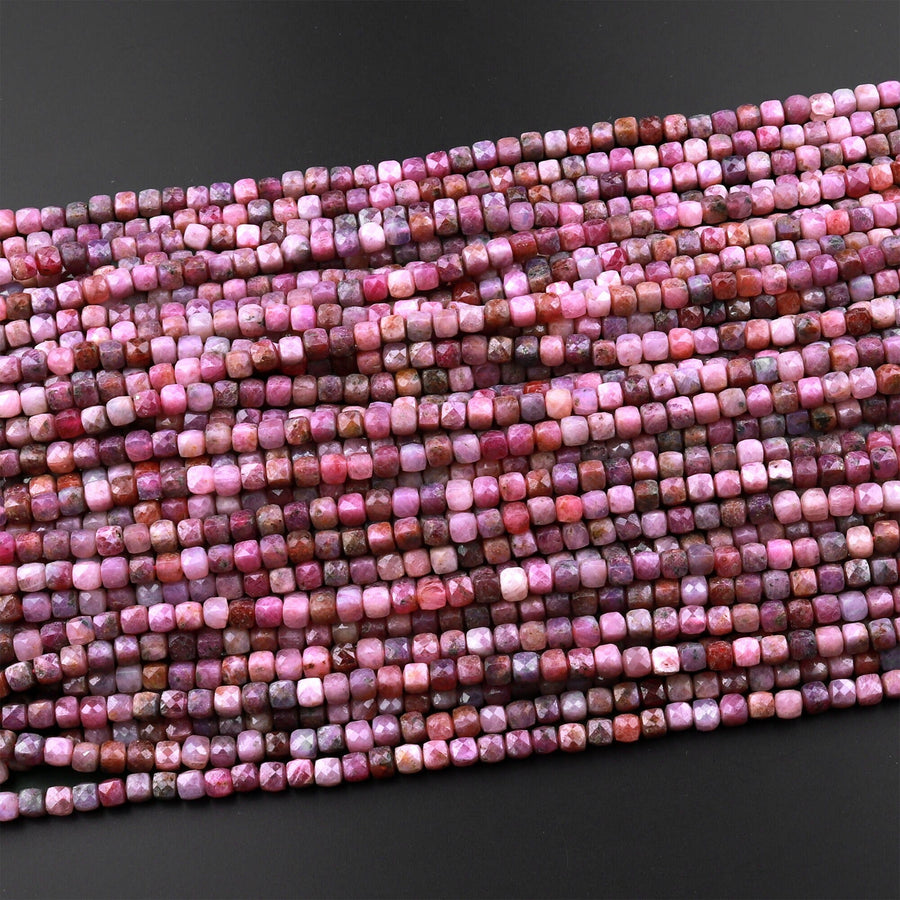 Real Genuine Natural Ruby Faceted 4mm Cube Dice Square Beads Micro Faceted Laser Diamond Cut 15.5" Strand