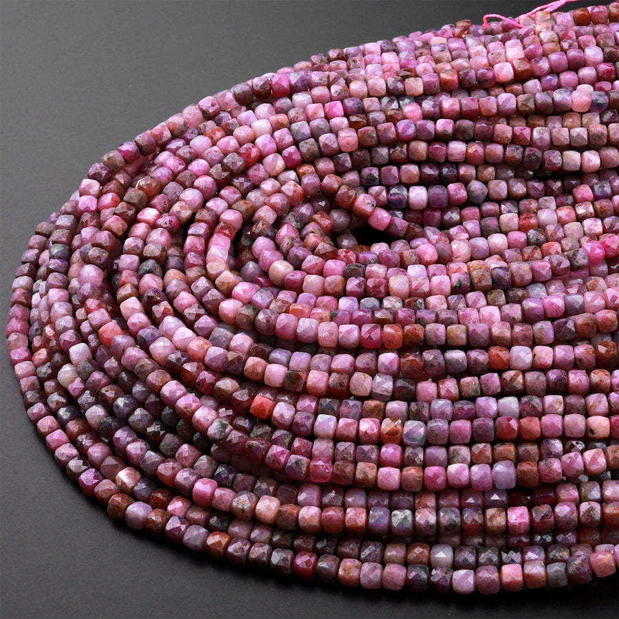 Real Genuine Natural Ruby Faceted 4mm Cube Dice Square Beads Micro Faceted Laser Diamond Cut 15.5" Strand