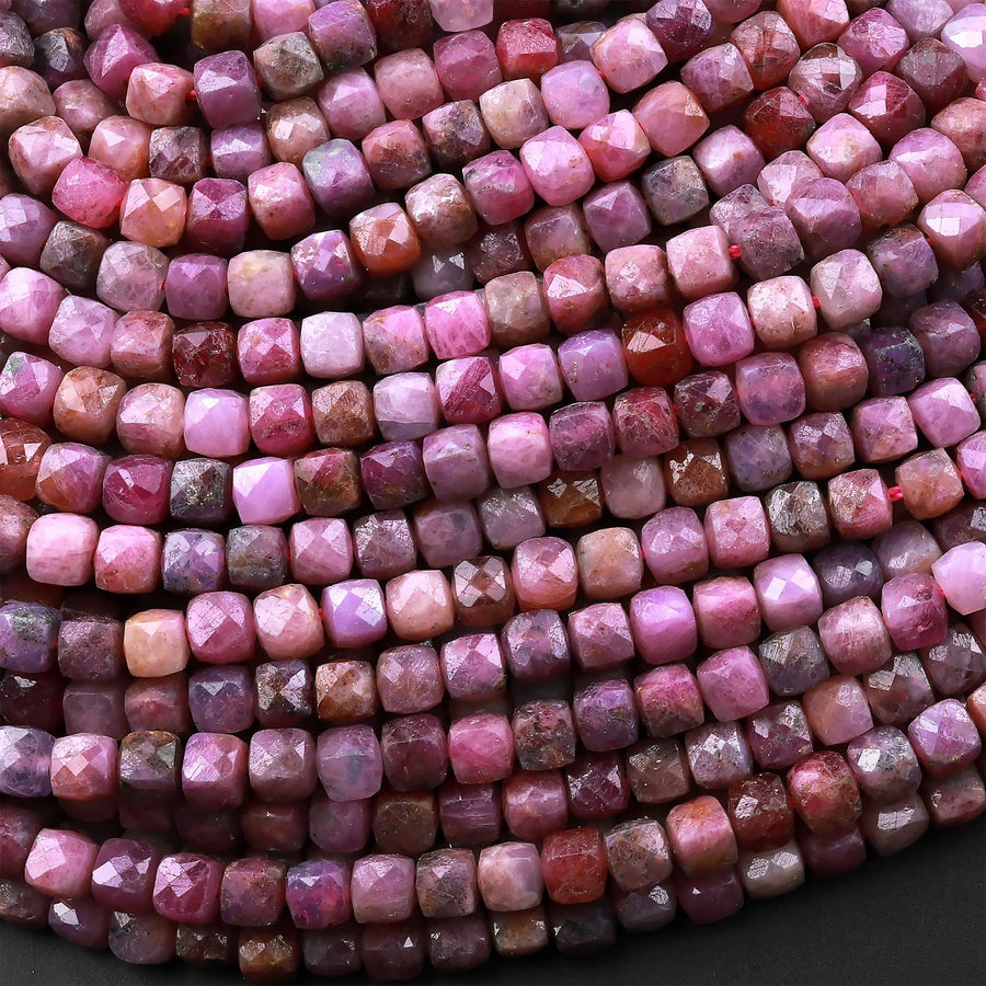 Real Genuine Natural Ruby Faceted 4mm Cube Dice Square Beads Micro Faceted Laser Diamond Cut 15.5" Strand