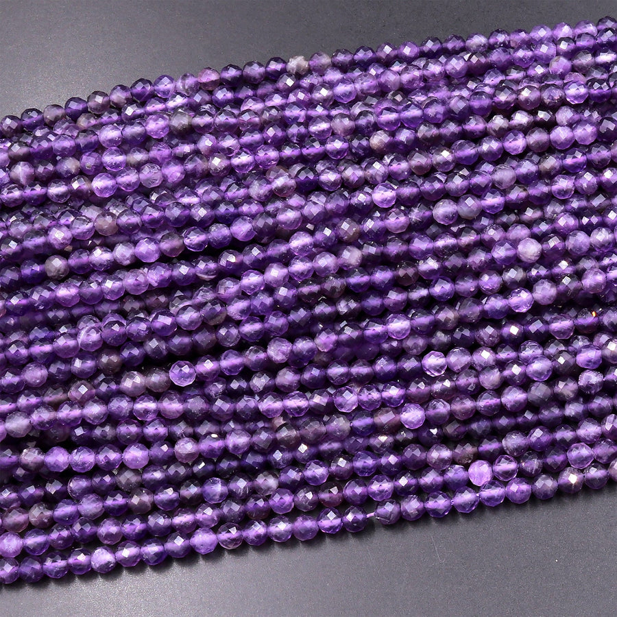 Faceted Natural Amethyst 2mm 4mm 5mm 6mm Round Beads 15.5" Strand