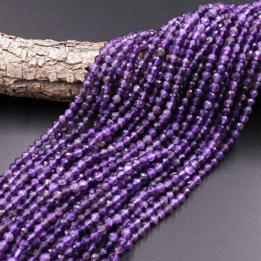 Faceted Natural Amethyst 2mm 4mm 5mm 6mm Round Beads 15.5" Strand