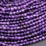 Faceted Natural Amethyst 2mm 4mm 5mm 6mm Round Beads 15.5" Strand