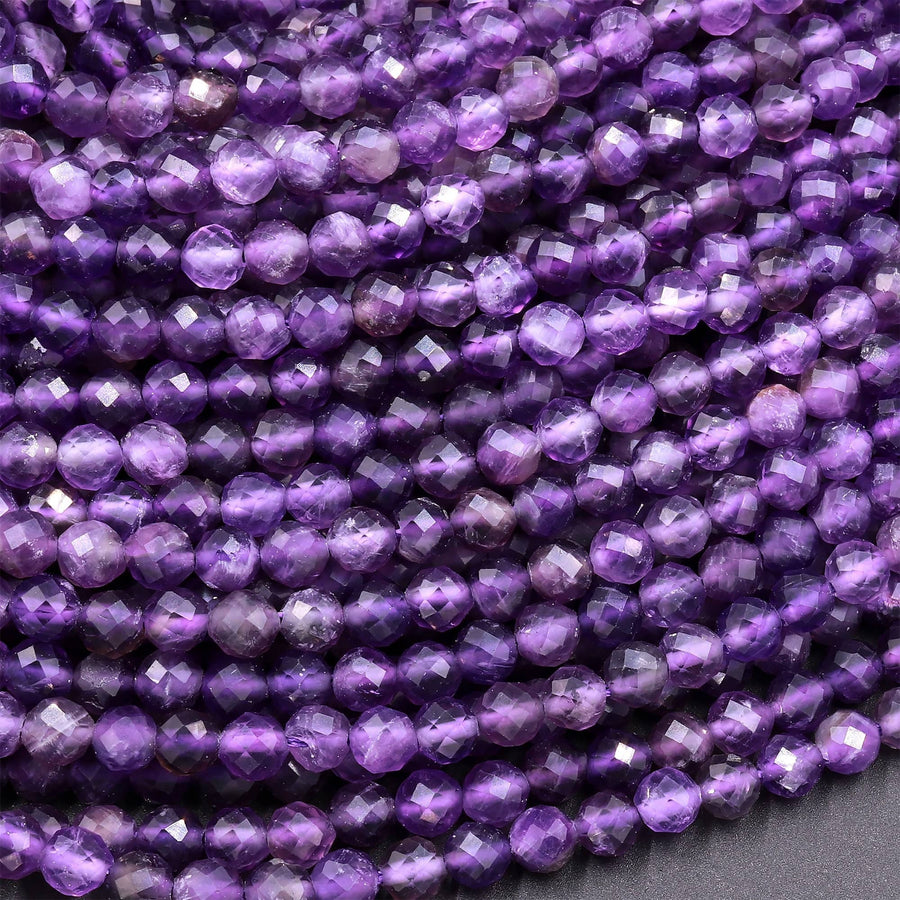 Faceted Natural Amethyst 2mm 4mm 5mm 6mm Round Beads 15.5" Strand