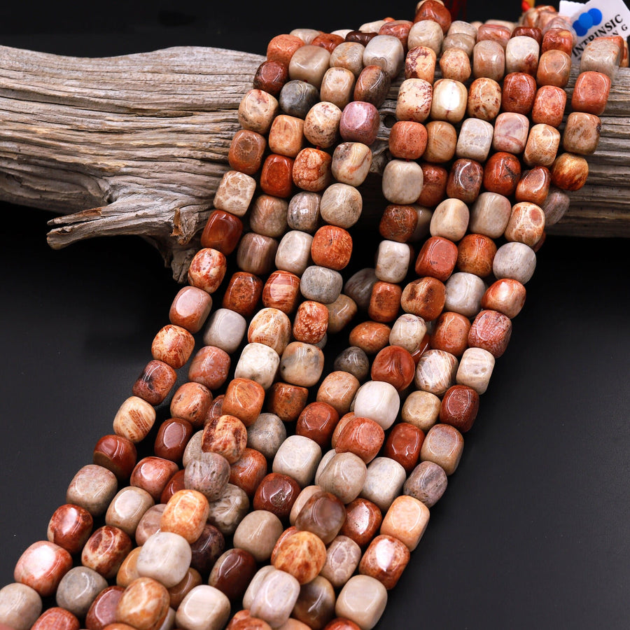Natural Red Fossil Coral Beads Freeform Rectangle Nuggets 15.5" Strand