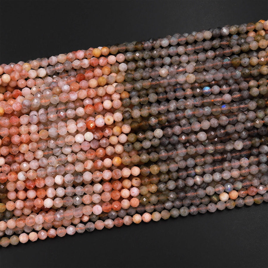 Micro Faceted Multicolor Mixed Gemstone Round Beads 4mm Sunstone Labradorite 15.5" Strand