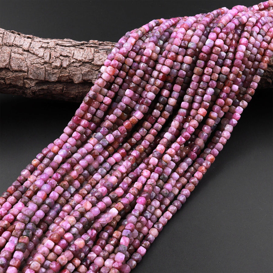 Real Genuine Natural Ruby Faceted 4mm Cube Dice Square Beads Micro Faceted Laser Diamond Cut 15.5" Strand