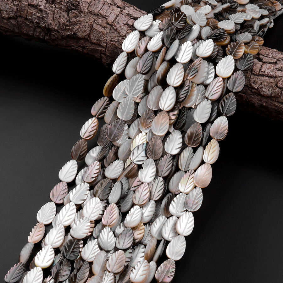 AAA Iridescent Hand Carved Natural Golden Smoky Champaign Black Brown Mother of Pearl Shell Beads Teardrop Leaf Shape 15.5" Strand