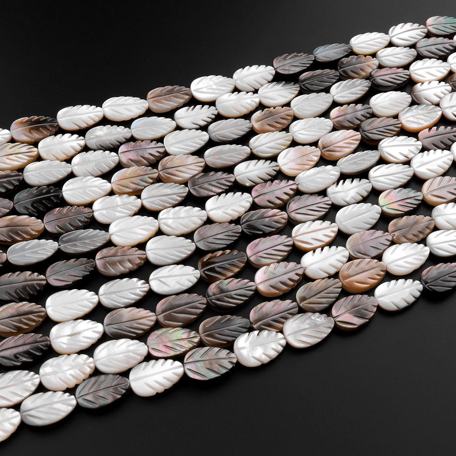 AAA Iridescent Hand Carved Natural Golden Smoky Champaign Black Brown Mother of Pearl Shell Beads Teardrop Leaf Shape 15.5" Strand