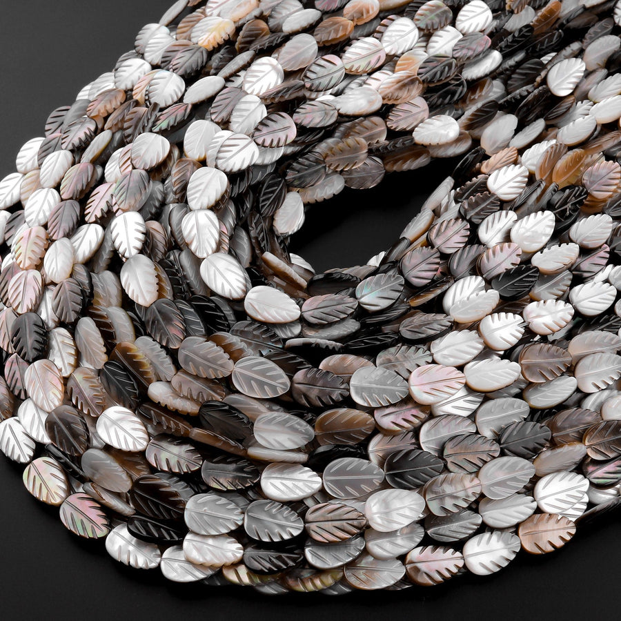 AAA Iridescent Hand Carved Natural Golden Smoky Champaign Black Brown Mother of Pearl Shell Beads Teardrop Leaf Shape 15.5" Strand