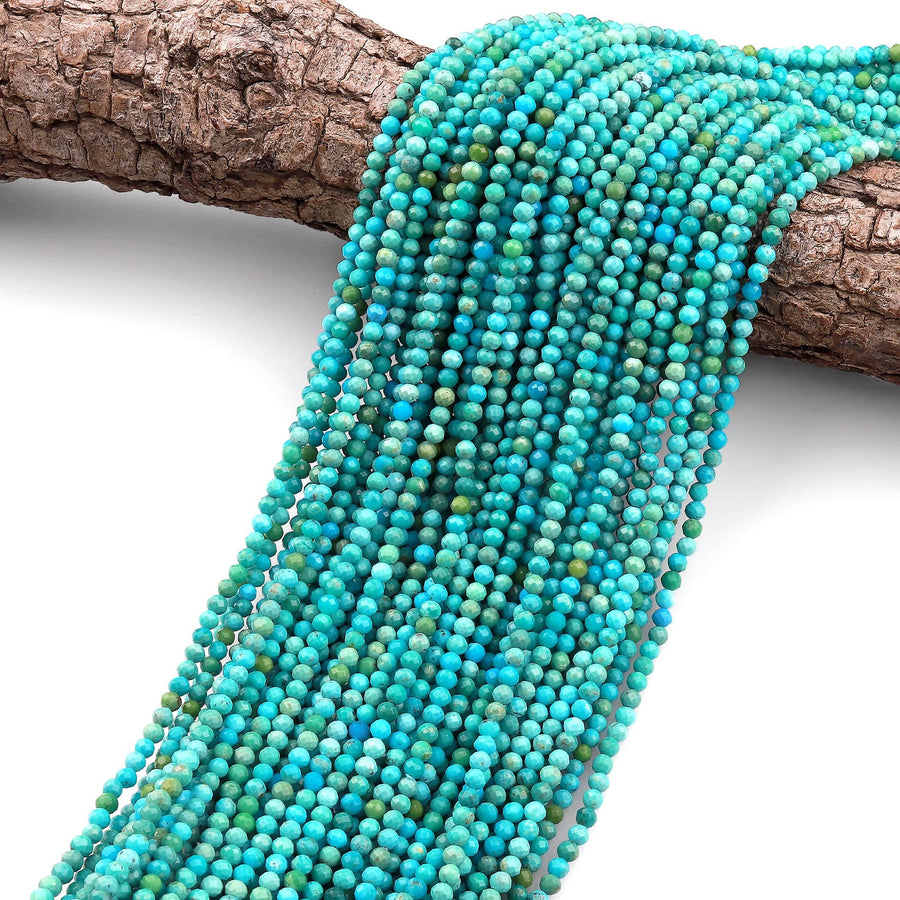 AAA Natural Turquoise 2mm 3mm 4mm 5mm Faceted Round Beads Real Genuine Blue Green Micro Faceted Cut Gemstone 15.5" Strand