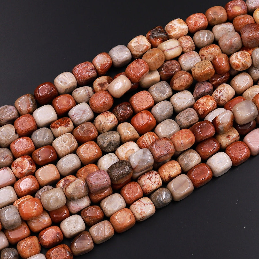 Natural Red Fossil Coral Beads Freeform Rectangle Nuggets 15.5" Strand