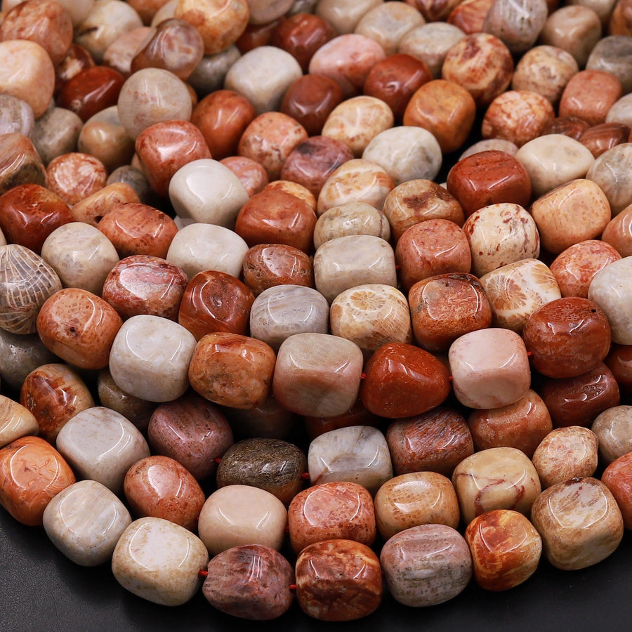 Natural Red Fossil Coral Beads Freeform Rectangle Nuggets 15.5" Strand