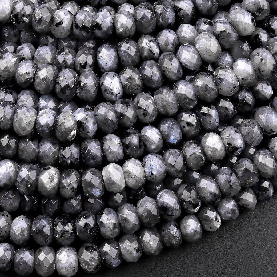 Faceted Natural Larvikite 6mm 8mm 10mm Rondelle Beads Aka Norway Moonstone Black Labradorite 15.5" Strand