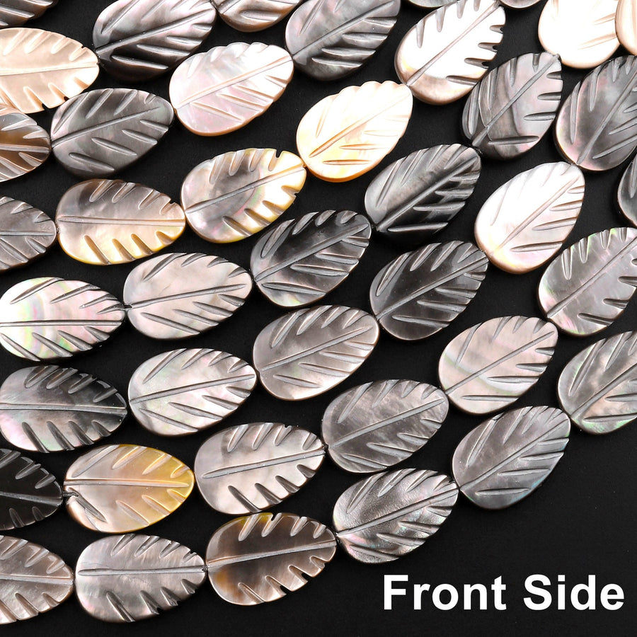 AAA Iridescent Hand Carved Natural Golden Smoky Champaign Black Brown Mother of Pearl Shell Beads Teardrop Leaf Shape 15.5" Strand