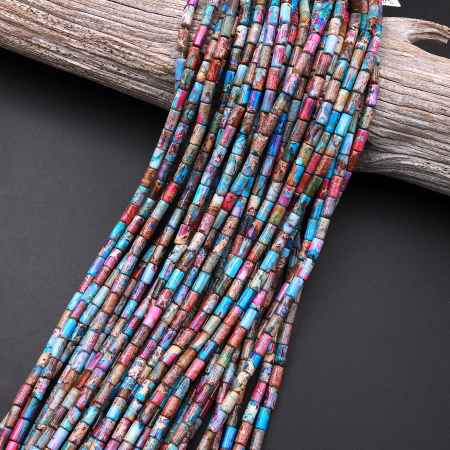Rainbow Sea Sediment Jasper Smooth Tube Cylinder Beads 8x4mm Aka Impression Imperial Jasper 15.5" Strand
