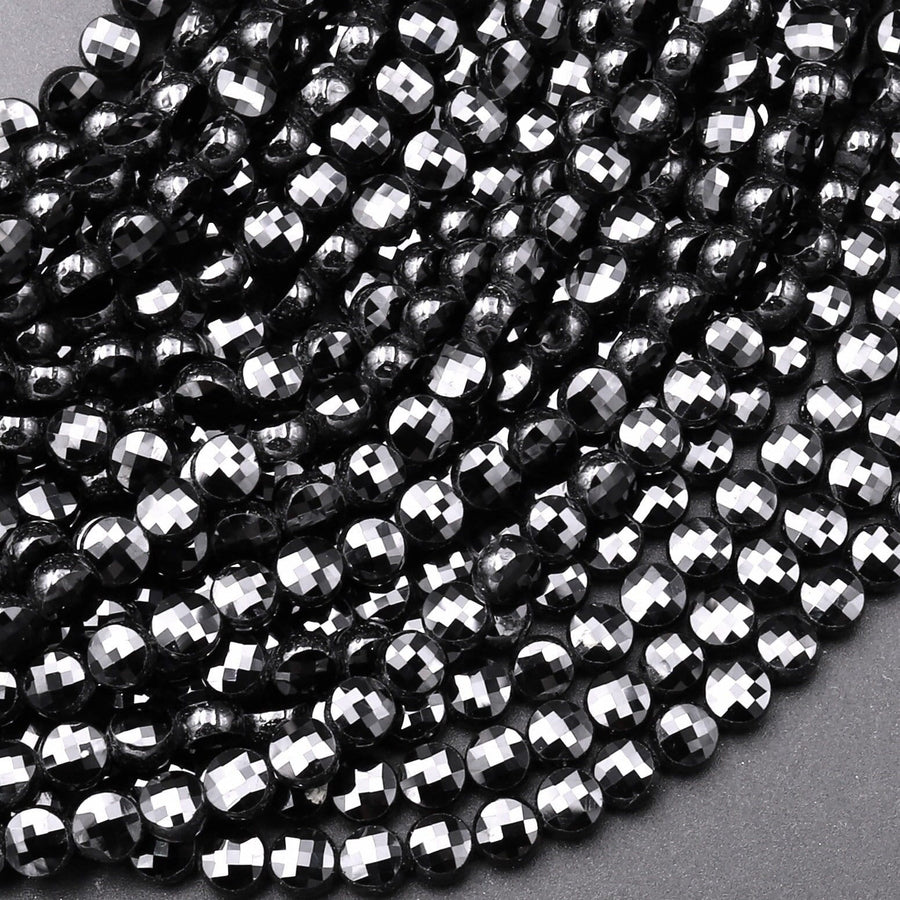 Natural Black Spinel Faceted 2mm 3mm 4mm Coin Beads Micro Faceted Laser Diamond Cut 15.5" Strand