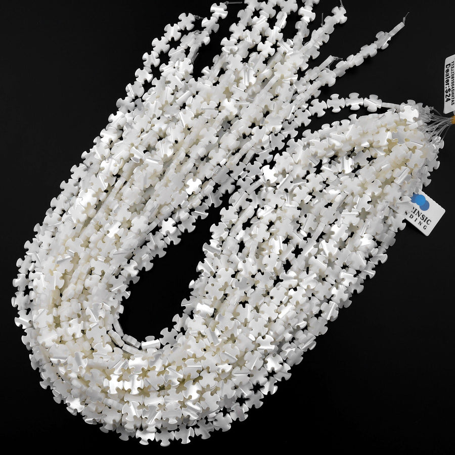 AAA Iridescent Carved Natural White Mother of Pearl Shell Fleur De Lis French Cross Beads Side Drilled 15.5" Strand