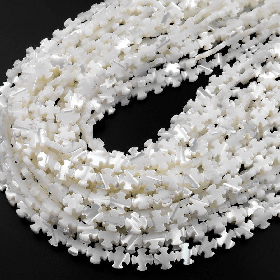 AAA Iridescent Carved Natural White Mother of Pearl Shell Fleur De Lis French Cross Beads Side Drilled 15.5" Strand