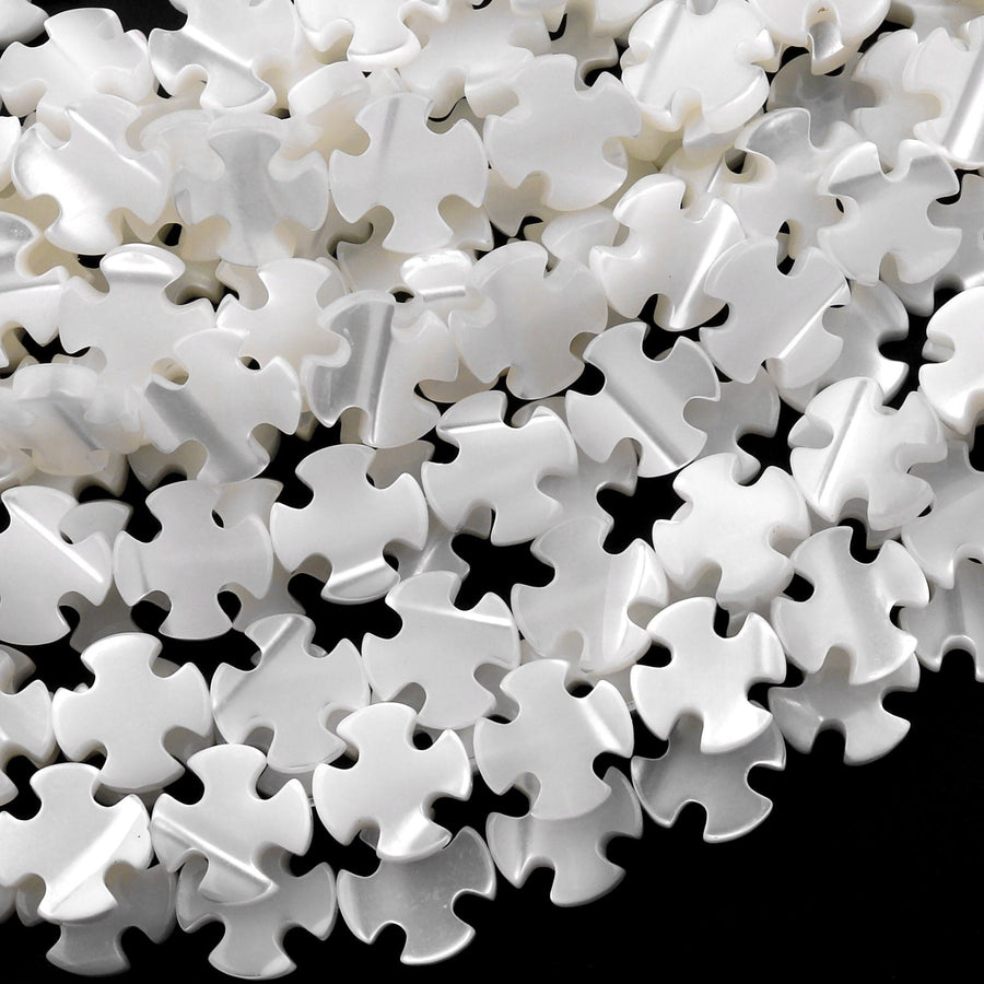 AAA Iridescent Carved Natural White Mother of Pearl Shell Fleur De Lis French Cross Beads Side Drilled 15.5" Strand