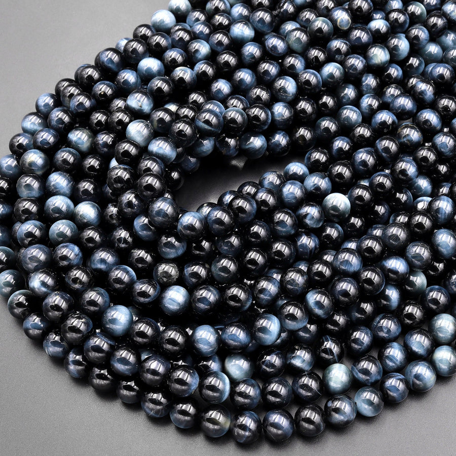 Natural Blue Tiger's Eye Smooth 4mm 6mm 8mm 10mm Round Beads Amazing Chatoyance 15.5" Strand