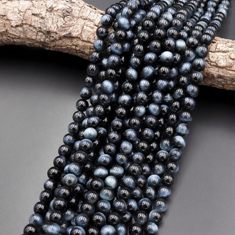 Natural Blue Tiger's Eye Smooth 4mm 6mm 8mm 10mm Round Beads Amazing Chatoyance 15.5" Strand