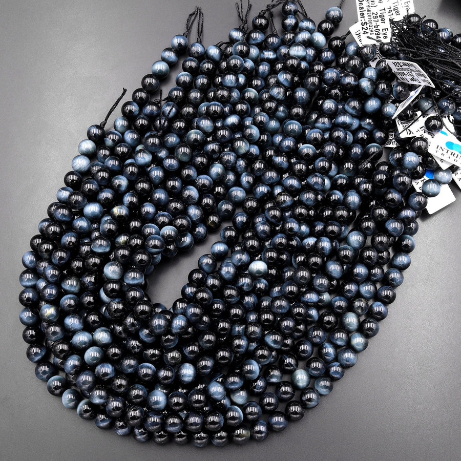 Natural Blue Tiger's Eye Smooth 4mm 6mm 8mm 10mm Round Beads Amazing Chatoyance 15.5" Strand