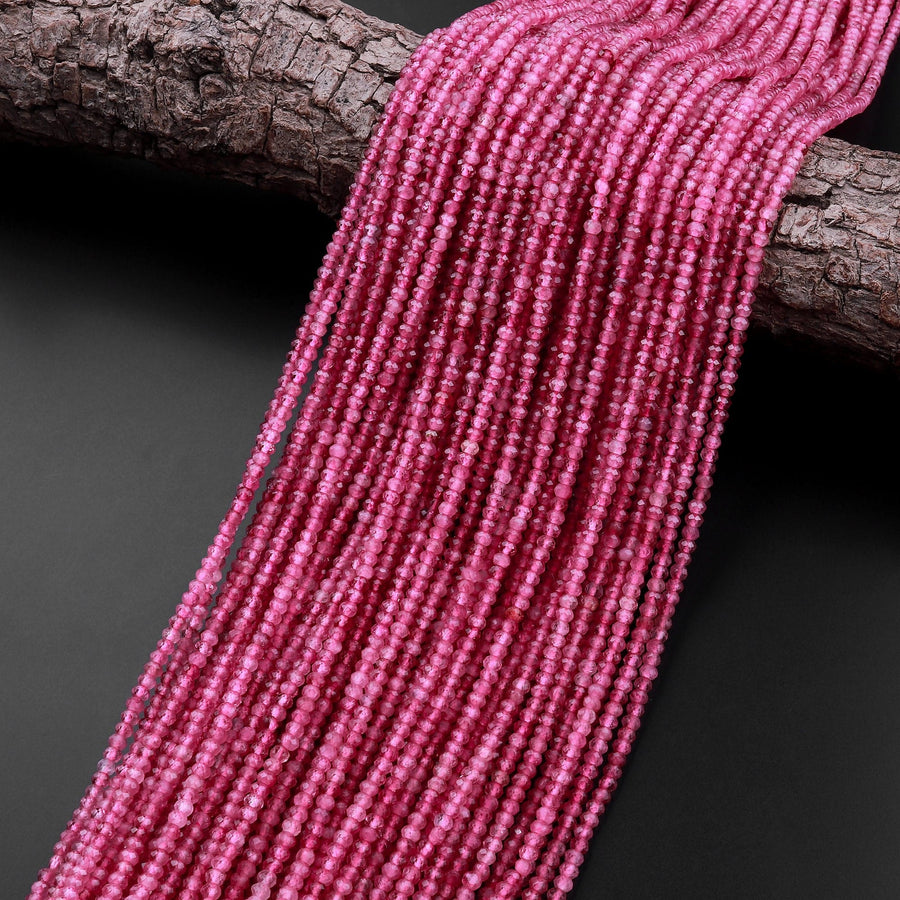 AAA+ Faceted Natural Pink Tourmaline Rondelle 3mm 4mm Beads Diamond Cut Gemstone 15.5" Strand