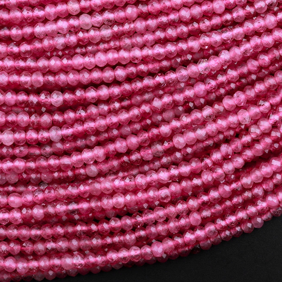 AAA+ Faceted Natural Pink Tourmaline Rondelle 3mm 4mm Beads Diamond Cut Gemstone 15.5" Strand