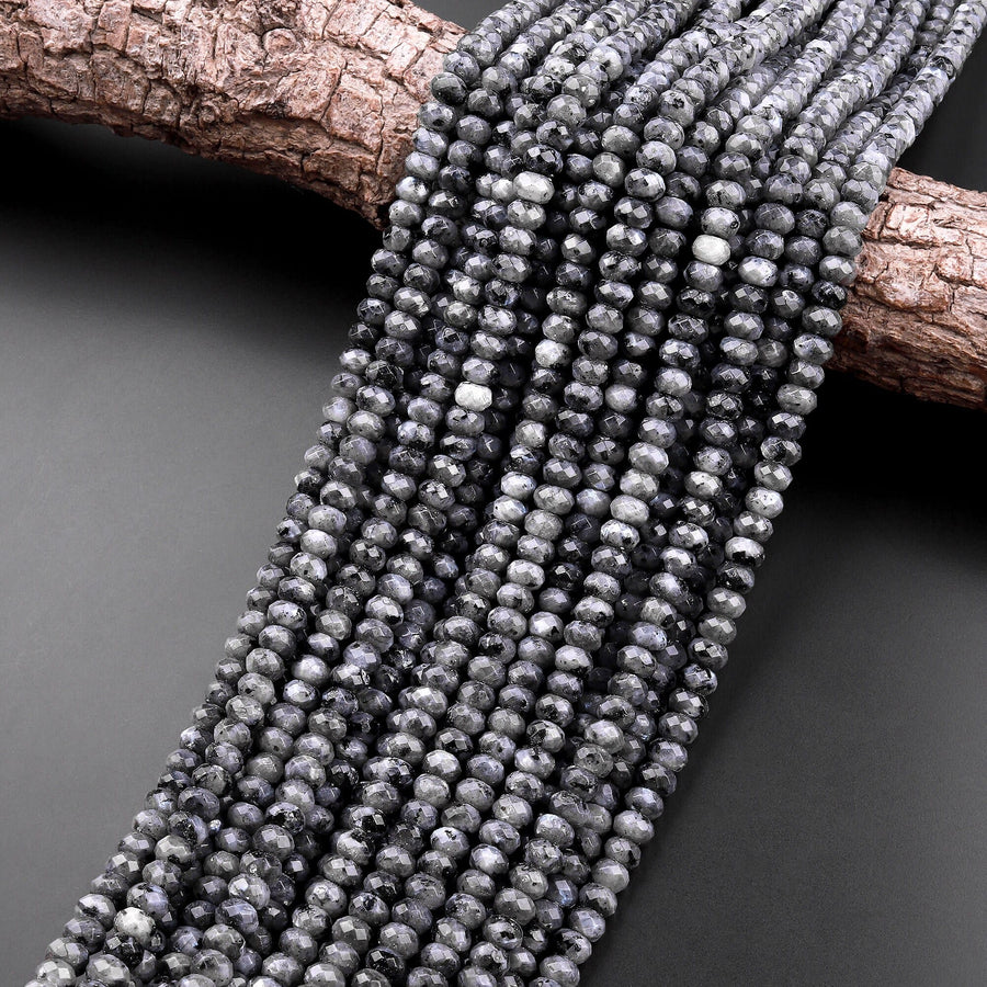 Faceted Natural Larvikite 6mm 8mm 10mm Rondelle Beads Aka Norway Moonstone Black Labradorite 15.5" Strand