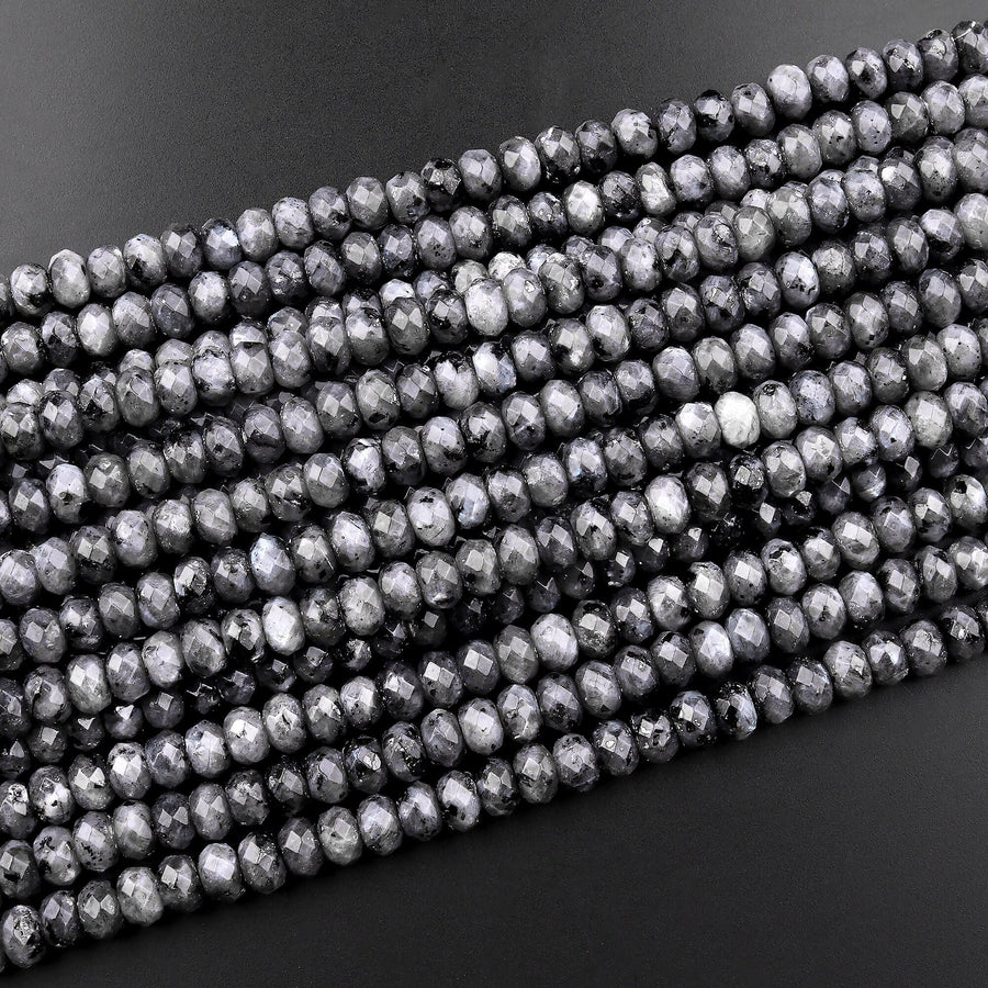 Faceted Natural Larvikite 6mm 8mm 10mm Rondelle Beads Aka Norway Moonstone Black Labradorite 15.5" Strand
