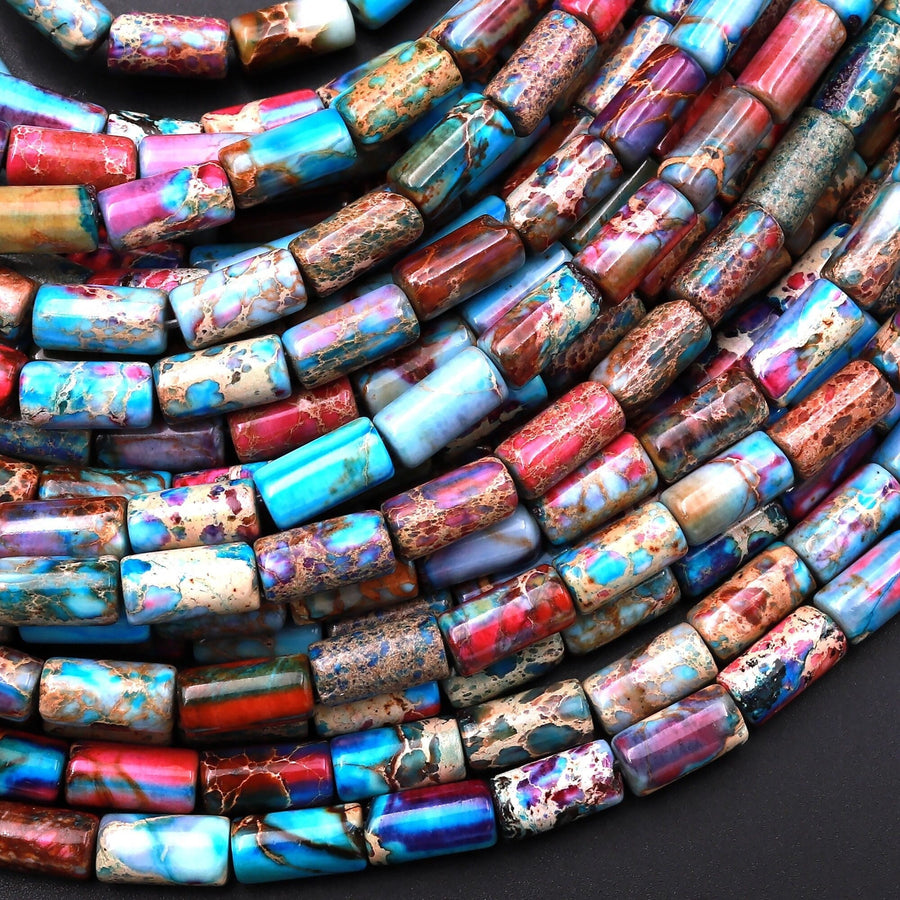 Rainbow Sea Sediment Jasper Smooth Tube Cylinder Beads 8x4mm Aka Impression Imperial Jasper 15.5" Strand