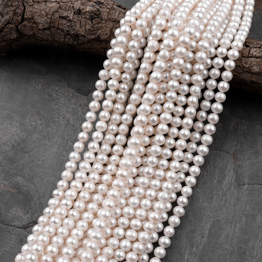 Genuine White Freshwater Pearl 5mm 6mm 8mm 9mm 10mm Round Shimmery Iridescent Classic Pearl 15.5" Strand