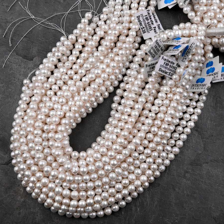 Genuine White Freshwater Pearl 5mm 6mm 8mm 9mm 10mm Round Shimmery Iridescent Classic Pearl 15.5" Strand