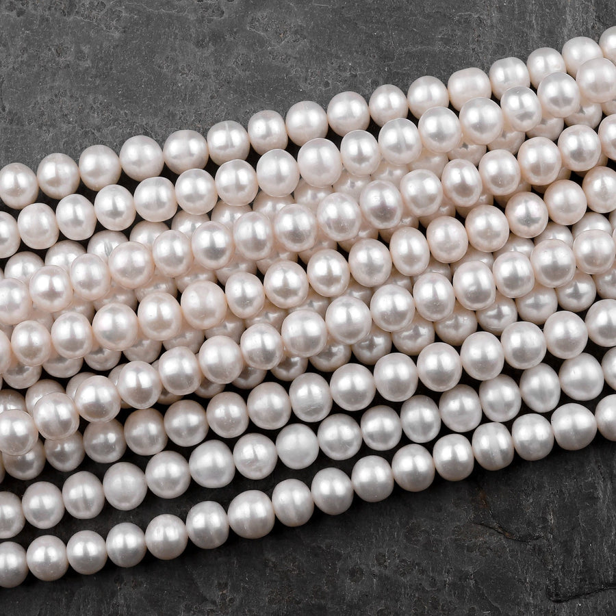 Genuine White Freshwater Pearl 6mm 7mm 8mm 10mm Off Round Shimmery Iridescent Classic Pearl 15.5" Strand
