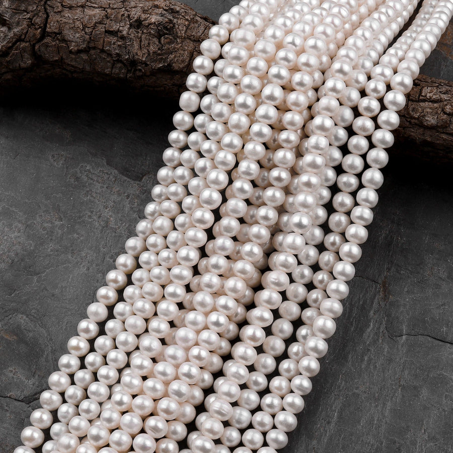 Genuine White Freshwater Pearl 6mm 7mm 8mm 10mm Off Round Shimmery Iridescent Classic Pearl 15.5" Strand