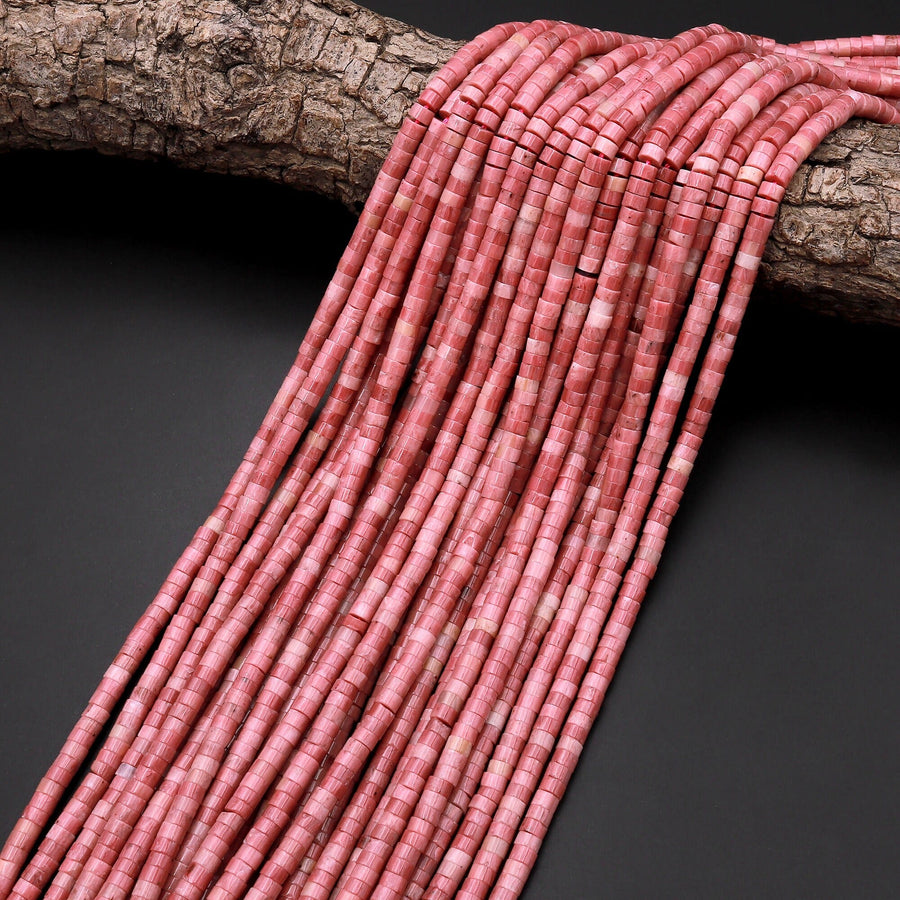 Natural Red Pink Petrified Rhodonite 4mm Heishi Rondelle Beads 15.5" Strand
