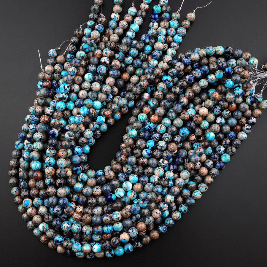Ocean Blue Sea Sediment Jasper Smooth Round Beads 4mm 6mm 8mm 10mm Aka Impression Imperial Jasper 15.5" Strand