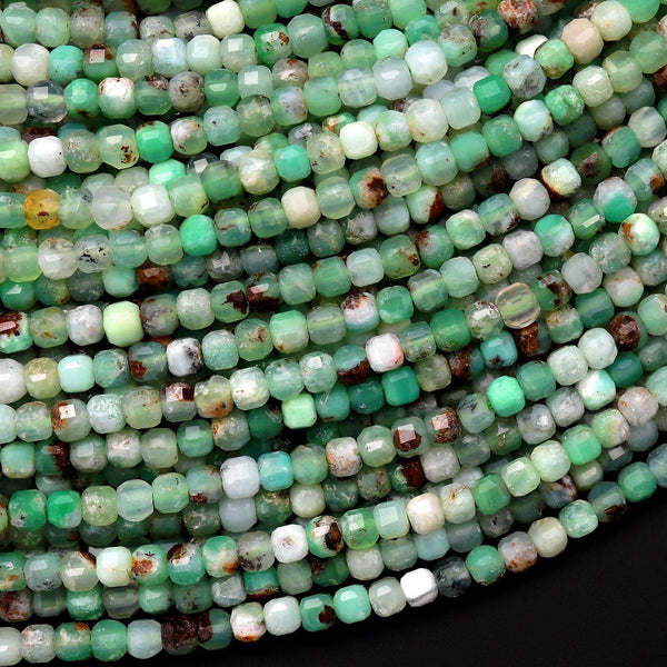 Natural Green Chrysoprase Faceted 3mm Cube Square Dice Beads Gemstone 15.5" Strand