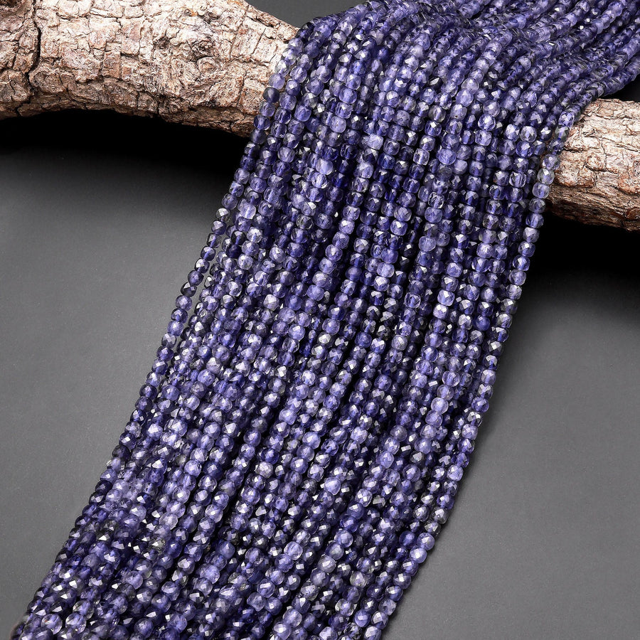 AAA Natural Iolite Gemstone Faceted 4mm Cube Beads 15.5" Strand