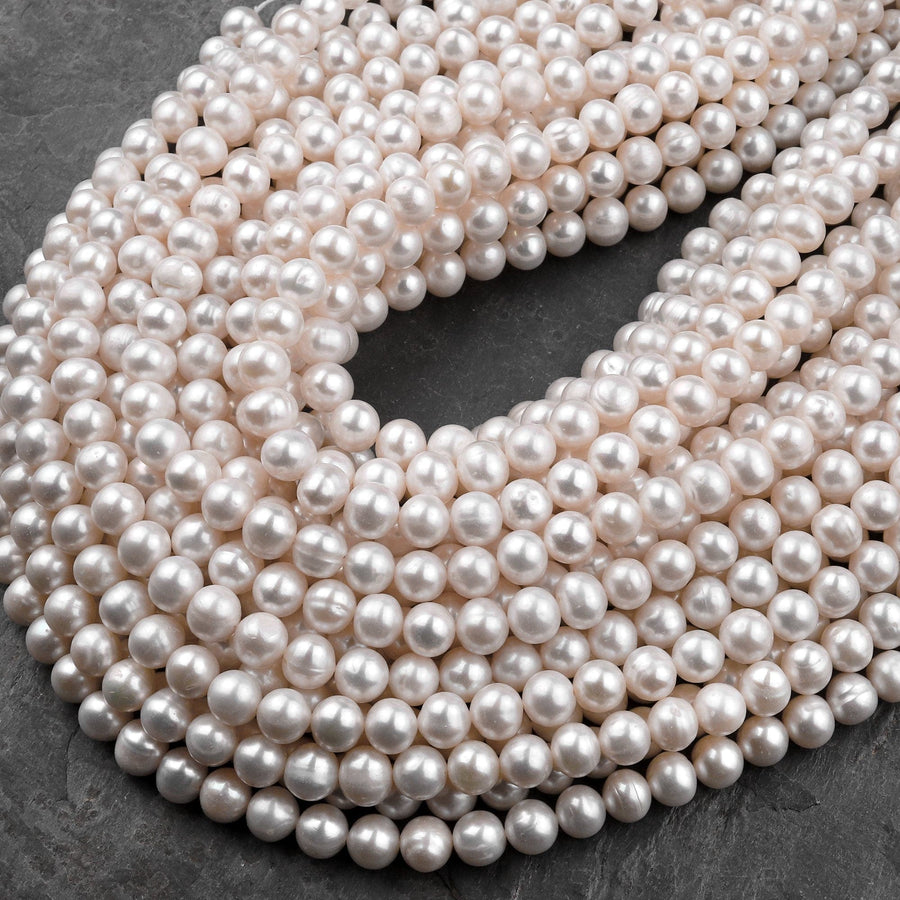 Genuine White Freshwater Pearl 5mm 6mm 8mm 9mm 10mm Round Shimmery Iridescent Classic Pearl 15.5" Strand