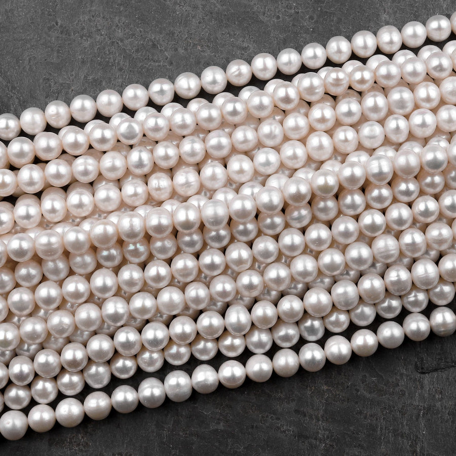 Genuine White Freshwater Pearl 5mm 6mm 8mm 9mm 10mm Round Shimmery Iridescent Classic Pearl 15.5" Strand