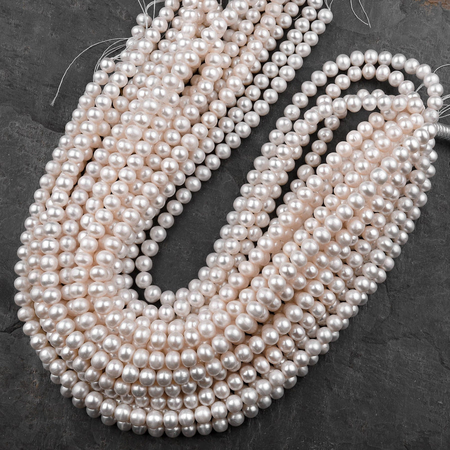 Genuine White Freshwater Pearl 6mm 7mm 8mm 10mm Off Round Shimmery Iridescent Classic Pearl 15.5" Strand