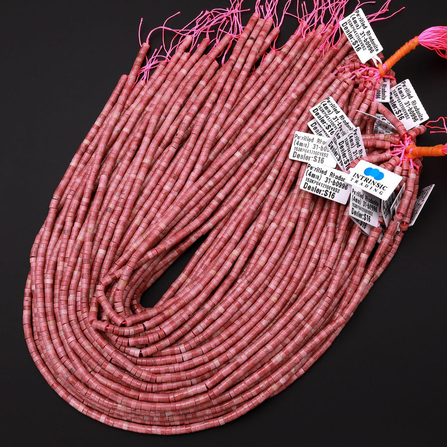 Natural Red Pink Petrified Rhodonite 4mm Heishi Rondelle Beads 15.5" Strand