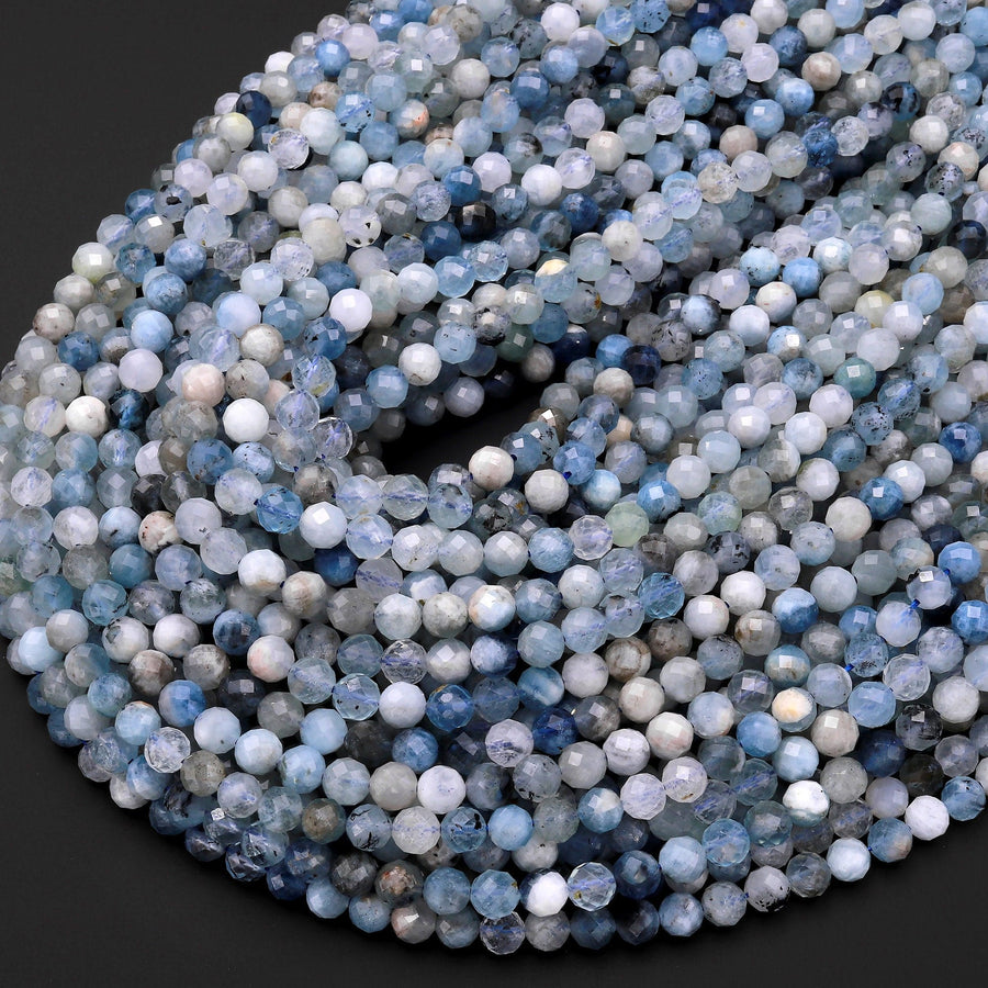 Micro Faceted Natural Blue Aquamarine 2mm 4mm 6mm 7mm Round Beads 15.5" Strand